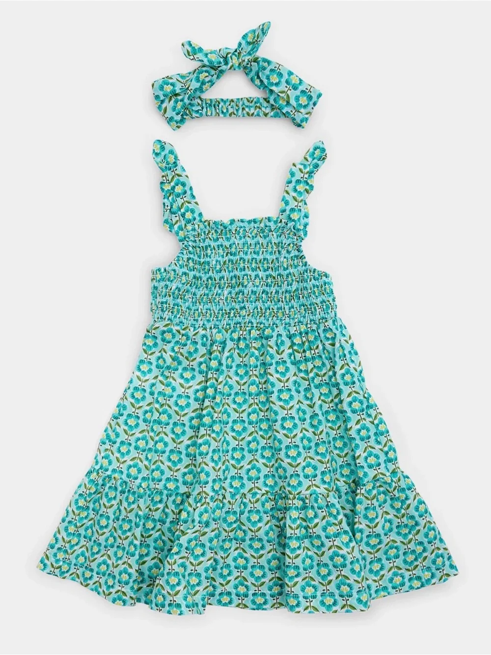 Mayoral girl printed dress with headband Girls Turquoise Floral Smocked Sundress
